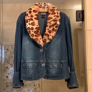 Leopard fur collar jean jacket